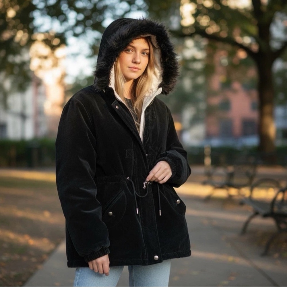 Vintage BRAETAN Women's L Black Velvet Anorak Parka Jacket Faux Fur Trim‎ Hood